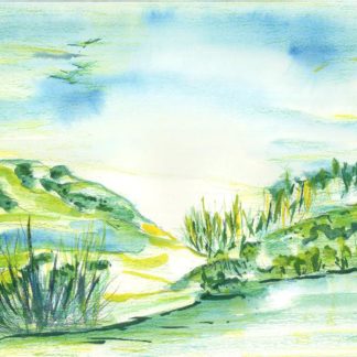 Blue Green Landscape with Birds